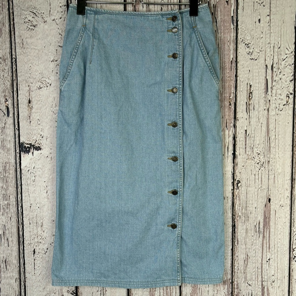 VINTAGE 1980s-90s Lizwear (Retro Liz Claiborne) Chambray Denim Midi Skirt Size 8